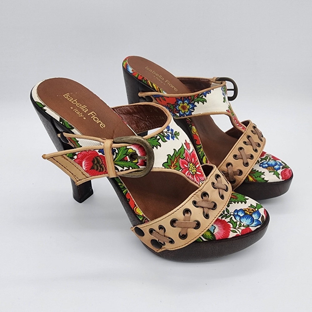 Isabella Fiore Italy Floral Wooden Platform Heel Clogs Sandals Size 5.5 - Picture 3 of 14